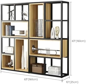 Wood Industrial Cube Bookcase with Shelves & Open Back Iron Bookshelf Floor Steel & Wood Shelf Multi-Layer Shelf Storage Rack Office Partition Display Rack Natural 63" L x 9.8" W x 63" H