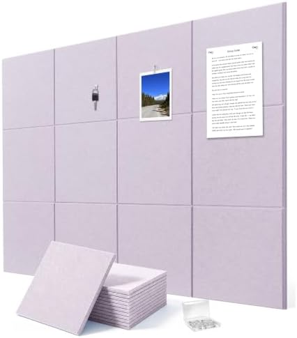 Felt Wall Tiles Bulletin Board Large Cork Board Alternative 12 Pack 11.81”x11.81”x0.47” Felt Pin Board Tack Board with Safe Removable Adhesive Tabs for Home Office School 48x36(Light Purple)