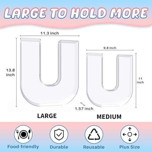13.8" Extra Large Acrylic Letter Charcuterie Board Box, Reusable Fillable Letter Cake Candy Dish Display Serving Tray for Birthday Anniversary Party Decoration (U)
