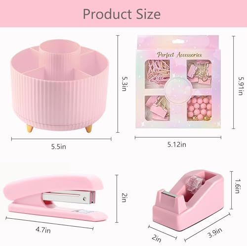 Office Supplies,School Supplies,Pink Desk Accessories,Desk Organizer,Scissors,Stapler,Tape Dispenser,Binder Clips,Staples,Staple Remover,Sticky Notes,Clear Tape,Pen,Ruler,Best Gift,11pcs