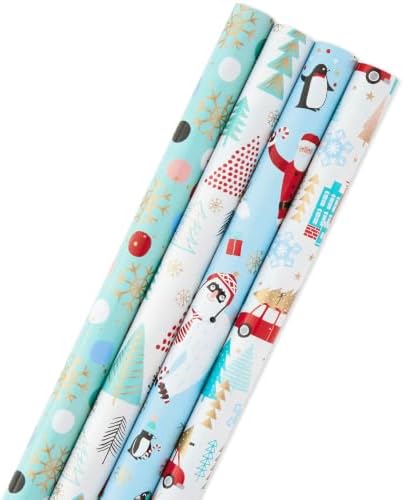 Hallmark Holiday Wrapping Paper Bundle with Cut Lines on Reverse, Quirky Christmas (Pack of 4, 120 sq. ft. ttl) Yeti, Santa, Penguin, Snowflakes, Blue, Gold