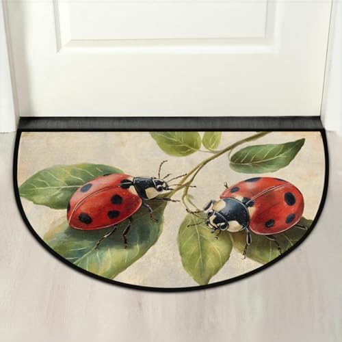 Ladybug Retro Animal Half Round Door Mat Non Slip Washable Semi Circle Area Rug Absorbent Soft Half Moon Rug Floor Mat for Indoor Outdoor Kitchen Bathroom Patio Front Door Mat Decor