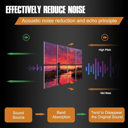 8 Pack Sunset Red Windmill Countryside Landscape Art Acoustic Panels Sound Absorbing Decorative Soundproof Wall Panels Self Adhesive for Recording Studios Office 48"x32"