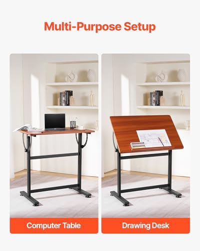 VEVOR Drafting Table, Adjustable 0°–90° Tilt Drawing Desk, Portable Artist Table with Black H-Frame and Brown Desktop, Wooden Painting Desk Craft Workstation for Reading, Writing, Crafting, Meeting