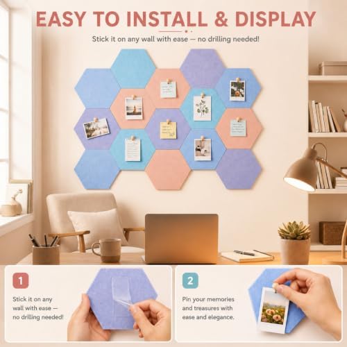 12x10 in 16 Pcs Hexagon Cork Board Tiles, Felt Pin Boards, Pastel