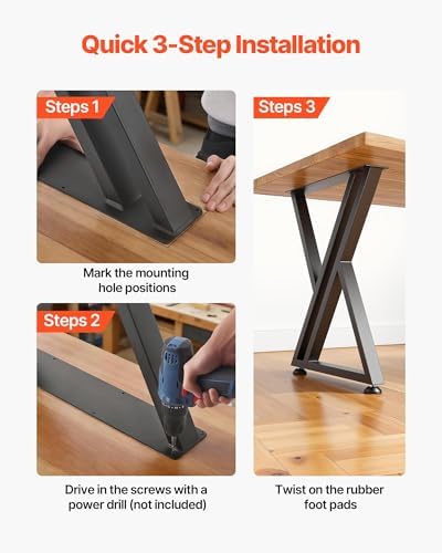 VEVOR Table Legs, 29.1" H x 24" W Steel Furniture Legs, 2204 lbs Max Load Heavy Duty, Easy Installation, Sturdy & Stable for Home Office Desk DIY, Coffee Dinner Bar Tables, Workbench,Set of 2, Black
