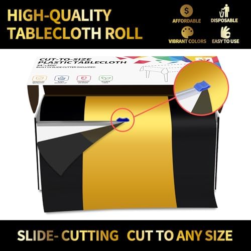 CXPSINC 54 Inch X 300 Feet Plastic Table Cover Roll Disposable Tablecloth with Slide Cutter for All Type/Shape Tables | Party, Banquet, Birthdays, Weddings(Black & Glod,300 Feet)