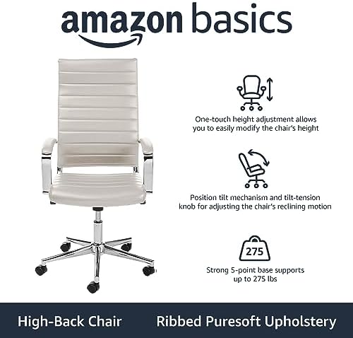 Amazon Basics High-Back Swivel Office Chair with Lumbar Support, Ergonomic Ribbed Faux Leather, Modern Style, 45.25" x 24.75" x 23.25", Stunning White
