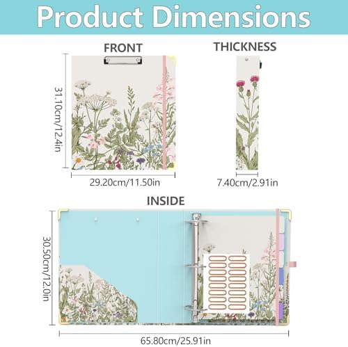 3 Ring Binder 2 Inch, Cute Round Ring Binders with 6 Tab Dividers & Label Stickers, Low Profile Clipboard with Storage, Fashion Aesthetic Binder School Office Supplies (Garden Flowers)