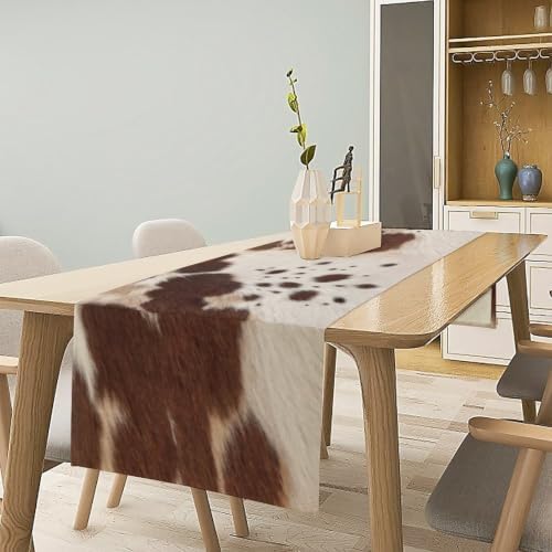Cow Print Table Runner, Brown Cowhide Western Style Runner Country Farmhouse Cottage Patten Decoration for Home Kitchen Dining,13x120 Inch