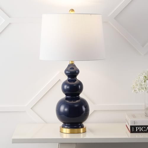JONATHAN Y Bowen 27.5" Ceramic Triple Gourd Table Lamp, Navy/Brass Gold