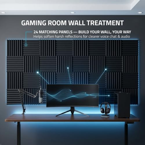 Acoustic Foam Panels, 24 Pack High Density 2 Inch Wedge Sound Absorbing Panels, 12 x 12 x 2 Inch for Studio and Gaming