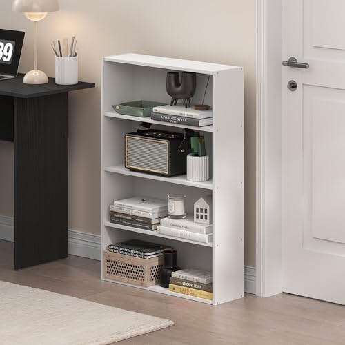 Furinno Basic Book Shelf, 4-Tier Bookcase with Open Shelf, Bookshelf, Cube Storage Organizer, 6 x 24 x 35, for Living Room, Bedroom, Home Office, White