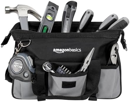 Amazon Basics 65 Piece Home Repair Tool Kit Set With Carrying Bag, Hand Tools, Socket Set, SAE and Metric, Silver, Black