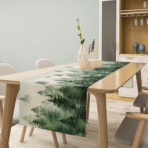Watercolor Green Pine Trees Table Runner, Forest Woodland Tabletop Scarf Home Kitchen Holiday Decor, Seasonal Farmhouse Rustic Dining Decorations Party Supply 13 X 120 Inch
