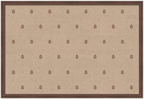 Kate and Laurel Framed Fabric Pinboard 38 x 26, Red Botanical Block Print Printed Linen Classic Bulletin Board for Use as a Vision Board or Wall Organization, Florence Medium Brown Frame