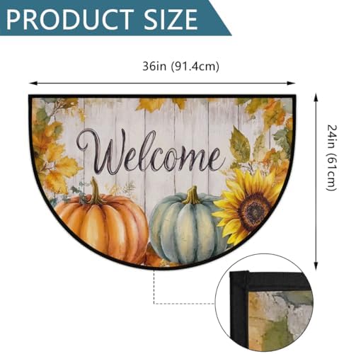 Autumn Pumpkin Sunflower Wood Half Round Door Mat, Non-Slip Welcome Indoor Entrance Way Rug Semi Circle Front Doormats Washable Bathroom Kitchen Floor Mat, Outdoor Rugs for Garage, Patio, Hearth Rug