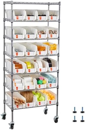 VEVOR 7-Tier Rolling Bin Storage Rack, 24 Small Bins, Bin Rack Storage Steel Wire Shelving System with Wheels, Mobile Tool Organizer for Garage, Warehouse, Office, Restaurant, Classroom, Kitchen