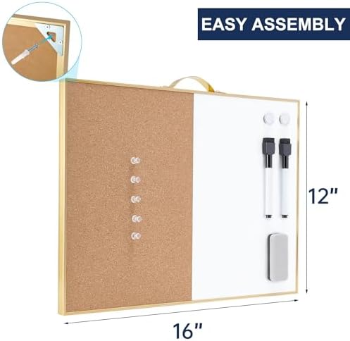 TSJ OFFICE Small Combination Board - 12" X 16" Portable Aluminum Gold Framed Magnetic Dry Erase Board for Wall, Small Bulletin Cork Board with Holder for Office, Home and School