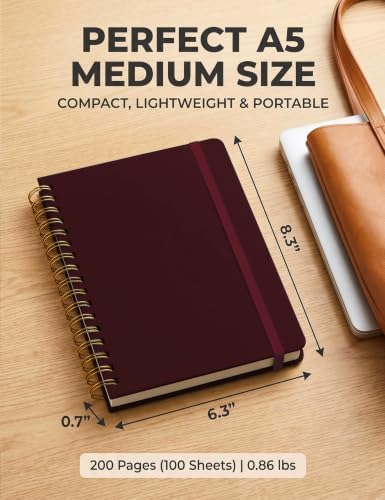 5 Pack Hardcover Spiral Notebooks, 8.3" x 6.3" Lined Journal Set, 100 GSM Bleed-Resistant Paper, 200 Pages Twin-Wire Bound Notebook with Elastic Band & Category Stickers for Office, School