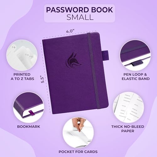 Clever Fox Password Book with Alphabetical Tabs, 4"x5.5" Keeper Purple