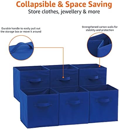 Amazon Basics Collapsible Fabric Storage Bins with Handles, Cube Organizer for Home Organization, 10.5"x10.5"x11", Navy, 6-Pack