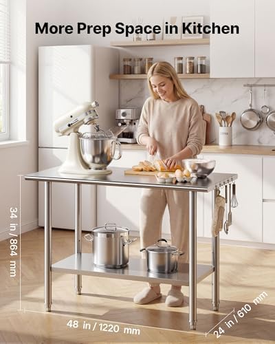 VEVOR Stainless Steel Work Table, 24x48 Inch Food Prep Table, Commercial Kitchen Workstation with Adjustable Undershelf, Metal Heavy Duty Utility Worktable, for Restaurant Home Hotel Garage Outdoor