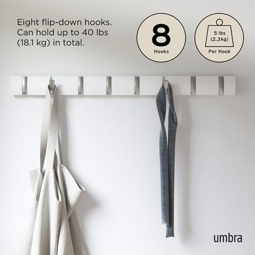 Umbra Flip Coat Rack, Wall Mount 8-Hook, Space Saving, White
