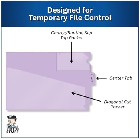 Doctor Stuff - Center Tab Vinyl Outguides, Diagonal Cut Front Pocket, Top Charge Out Slip Pocket, Plastic File Folder, Letter Size 9" x 13-1/4", Lavender, 50/Box