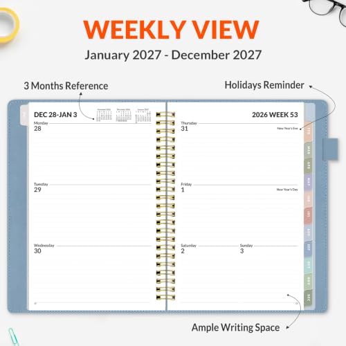 SUNEE 2027 Weekly & Monthly Planner 6.2"x8.5"- 12 Month (January 2027 - December 2027), Vegan Leather Cover, Pocket, Bookmark, Notes, Monthly Tab, Gray Blue