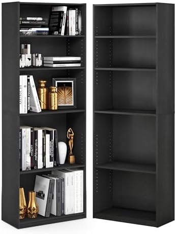 Furinno Jaya 5-Tier Book Shelf with Adjustable Shelves Set of 2, Darkwood