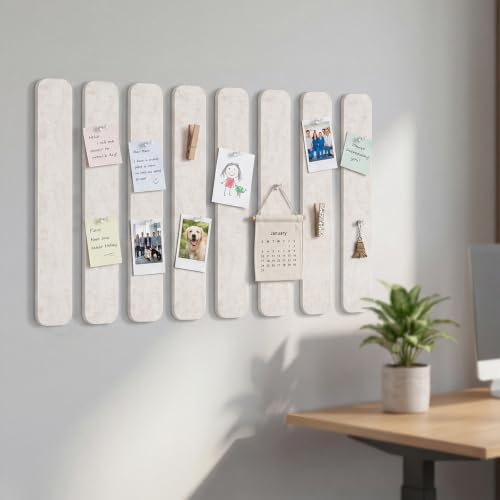 Thboxes 8 Pack Felt Bulletin Board Strips, 13x2 Inch Self Adhesive Felt Pin Boards with 50 Pushpins and 10 Wooden Clips Push Pins, Cork Board for Walls Home Office Decor(Oatmeal)