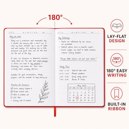 SUIN A5 Hardcover Lined Journal Notebook, 200 Pages, Red, 1 Pack