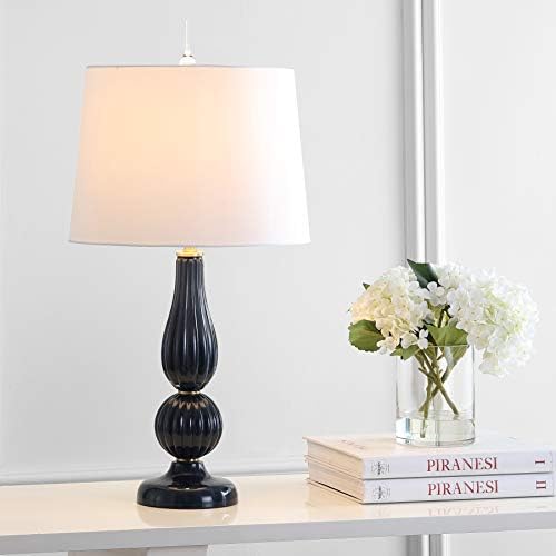 JONATHAN Y Maddie Modern Glass Table Lamp 28" Fluted Gourd, Navy