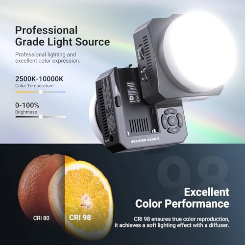 NEEWER Basics 28W Full RGB Pocket LED Video Light, Dimmable COB Studio Continuous Output Lighting for Photography Video Recording Vlog Streaming, 6000lux/0.5m 2500K–10000K CRI98 20 Scenes, HL28C