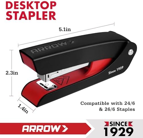 Arrow Office Stapler Set, 25 Sheet Capacity Metal Desk Staplers with 2100 Staples, Half Strip Design and Non-Slip Base, Spare Staple Storage for Classroom, Office and Home, 3 Pack