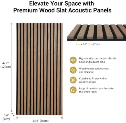 5 Pack Large Wood SlatWall Acoustic Panels for Wall 47.2 x 23.6 x 0.4 Inch Soundproof Sound Absorbing Decor Panels Wood Veneer Panels for Living Room Bedroom Home Studio Office Decor (Walnut, 5 Pack)