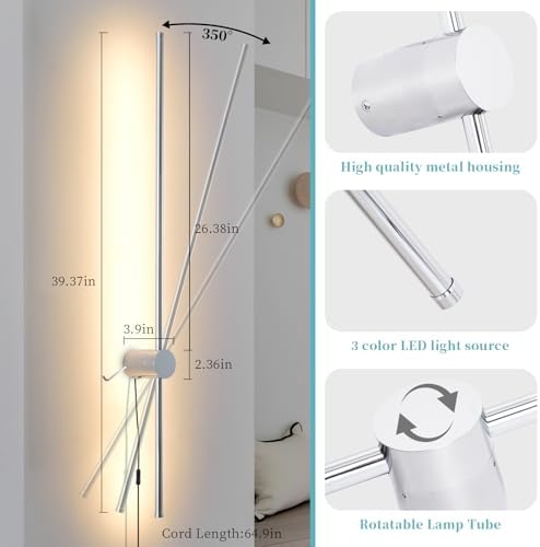 KELUOLY Dimmable Plug in Wall Sconce Set of 2, Chrome 39.37" LED Wall Light with Remote, Adjustable Color Temperature Brightness Wall lamp with Timer for Living Room,Bedroom and Accent Lighting