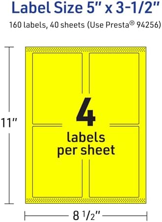 Avery Printable Rectangle Labels, Sure Feed Technology, 5" x 3-1/2", Neon Yellow Labels, Laser/Inkjet Printable, 160 Total, Great for Shipping and Packaging