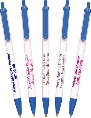 USA Made, Personalized Writing Ink Ballpoint Novelty Pens, Custom Printed with Your Logo & Text (Pack of 500 White Pens with Medium Blue Trim)