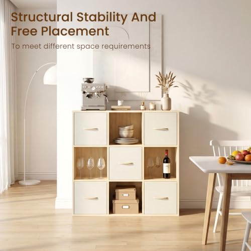EXPERLAM 9 Cube Storage Organizer - Solid Wood Bookshelf with 5 Storage Bins, Cube Shelf with 3 Removable Back Panels, Vertical or Horizontal Bookcase, Open Book Shelf for Bedroom, Living Room, Office