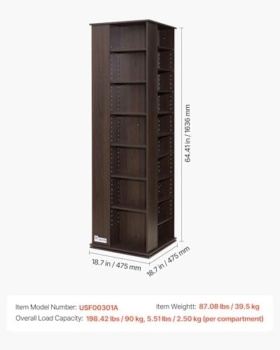 VEVOR Media Storage Cabinet, CD Rack Tower, 34 Compartments Rotating Media Tower Rack for CDs, DVDs, Books and Game Discs, DVD Stand for Living Room, Home Office and Recording Room, Brown