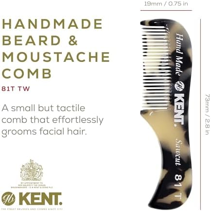 Kent A 81T TW X-Small Gentleman's Beard and Mustache Pocket Comb, Fine Toothed Pocket Size for Facial Hair Grooming and Styling. Saw-cut of Cellulose Acetate, Hand Polished. Hand-Made in England