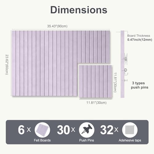 0.47" Thick Felt Pin Board 36"x24" Large Cork Board Alternative 6 Pack 11.81"x11.81"Felt Bulletin Board Wall Tiles Notice Board with 30 Pushpins for Home Office School(Fine-Light Purple)