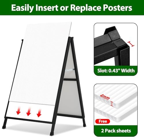 A Frame Sidewalk Sign 24 x 36 Inch Outdoor, Double-Sided Folding Sandwich Board with Handle, Heavy Duty Metal Slide-in A-Frame for Business, Advertising, Party, with 2 Plastic Boards
