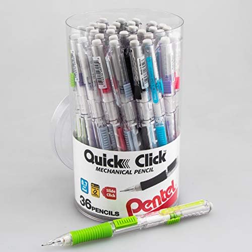 Pentel Quick Click Mechanical Pencil, (0.7mm) Med Line, Canister, Assorted Colors (A/D/N/P/S/V), 36-PK (PD217PC36M)