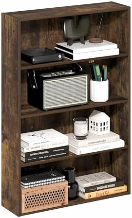 Furinno Basic Book Shelf, 4-Tier Bookcase with Open Shelf, Bookshelf, Cube Storage Organizer, 6 x 24 x 35, for Living Room, Bedroom, Home Office, Amber Pine