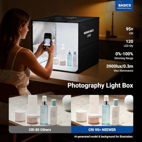 NEEWER Basics Photo Studio Light Box, 16"x16"x15" Bi Color Folding Photo Booth Shooting Tent with 6 Color Backdrops, 120 LEDs CRI95+ Dimmable for Tabletop Jewelry Electronics Food Photography, LB40B