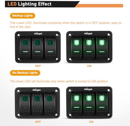 Nilight 3 Gang Rocker Switch Panel SPST On Off 5PIN Electrical Toggle Green