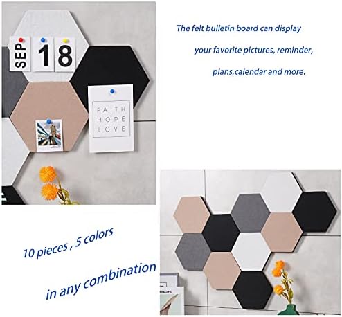 10Pcs Self Adhesive Felt Board Tiles Hexagon Bulletin Board for Walls, Felt Cork Pin Board for Pictures Photos Memos with Push Pins (Color A)
